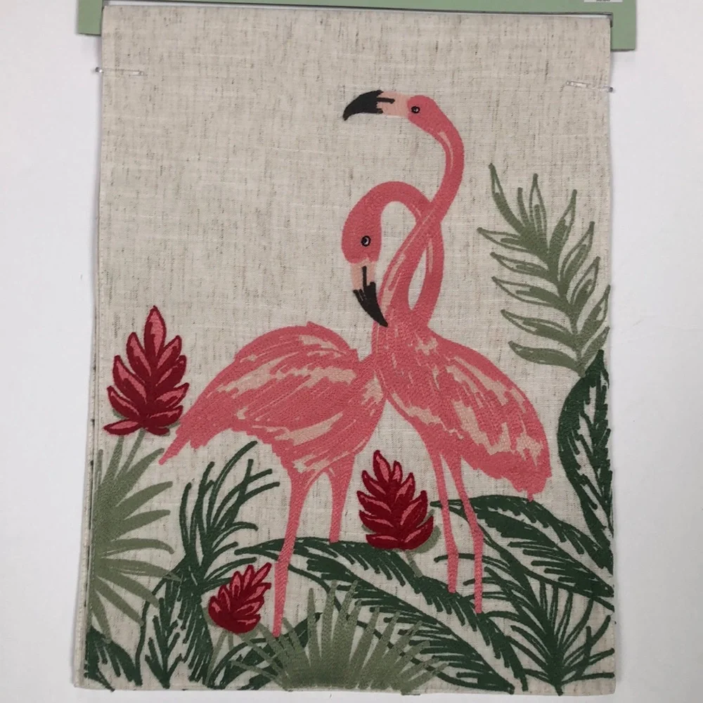 Pink Flamingos Tropical Ferns Beach Embroidered Neutral Linen Table Runner‎ NWT